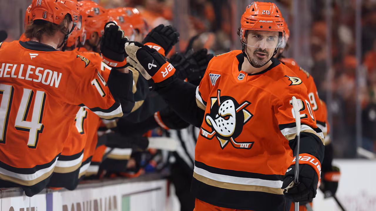 A professional hockey player celebrates with teammates along the bench during an active match.