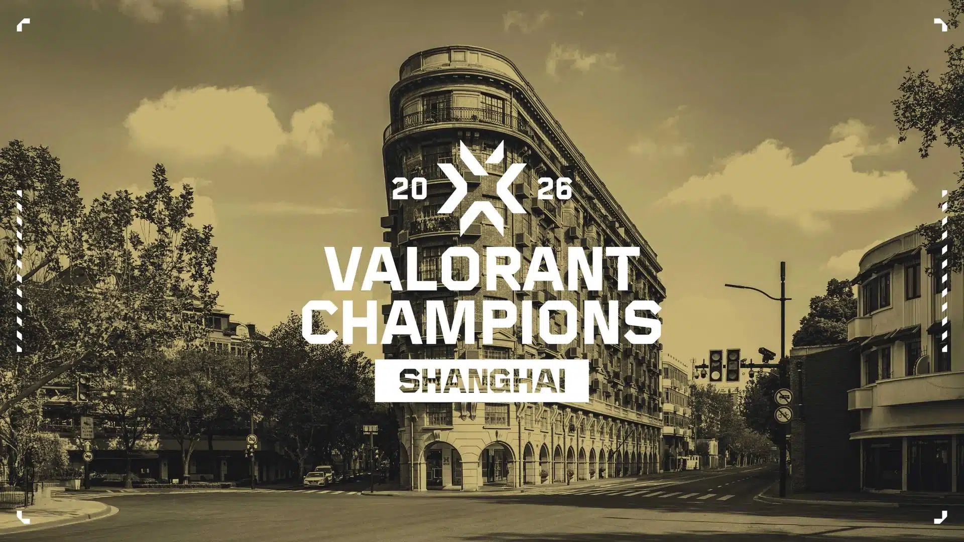 Official announcement graphic for VALORANT Champions 2026 in Shanghai featuring a city street and building.