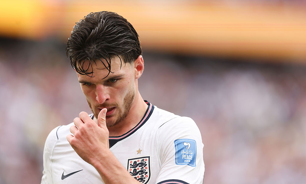 FOXBOROUGH, MASSACHUSETTS - JUNE 23: Declan Rice wearing the number 4 jersey for England during the 2026 FIFA World Cup Group L clash featuring England and Ghana at Boston Stadium, June 23, 2026, in Foxborough, Massachusetts. (Photo by Richard Pelham/Getty Images)