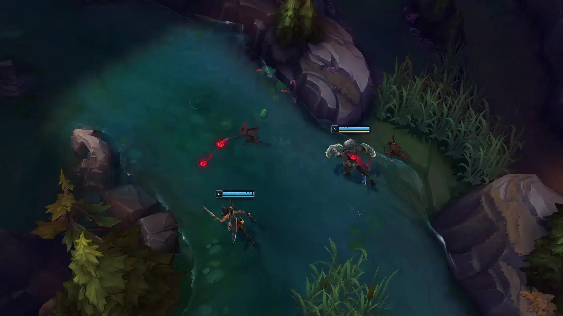 Gameplay footage from League of Legends showing characters in a river environment.
