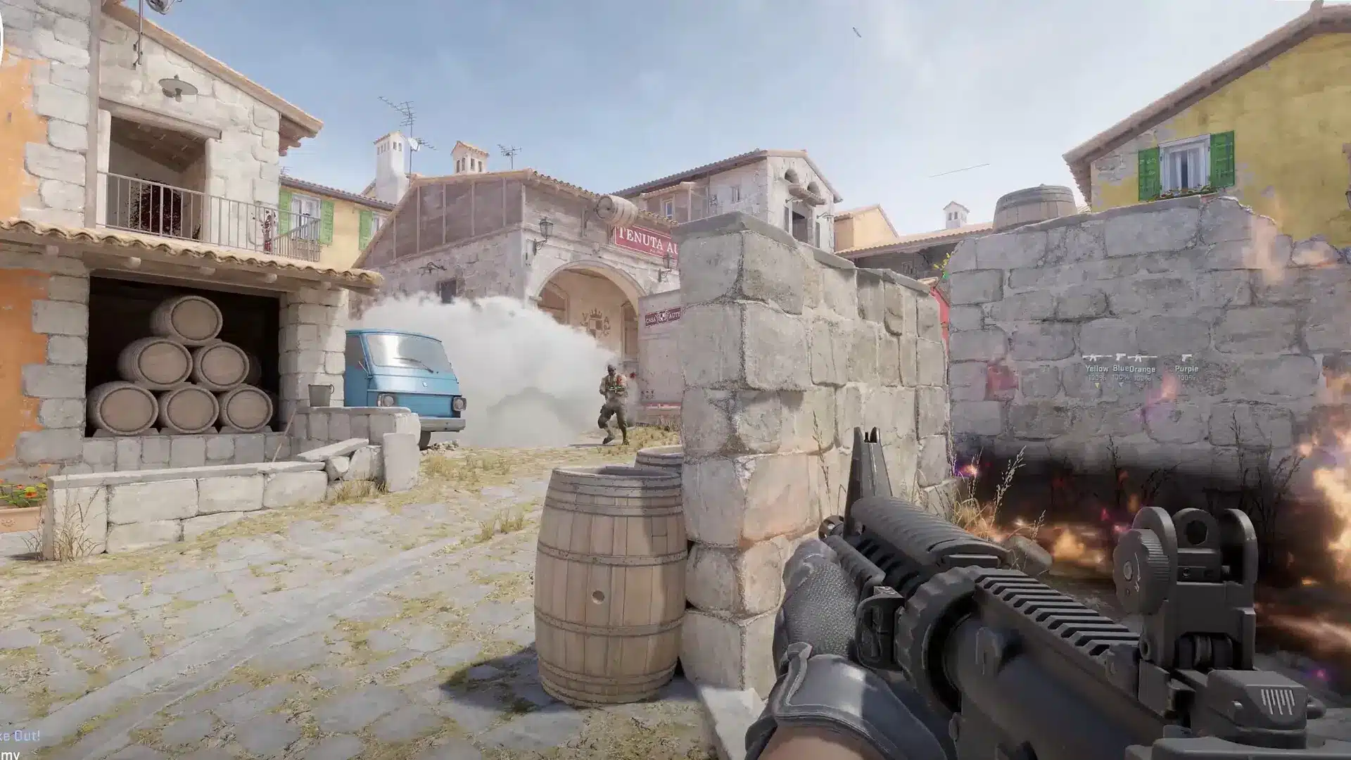 First-person view of a player holding a rifle during a firefight on the Inferno map in Counter-Strike 2.