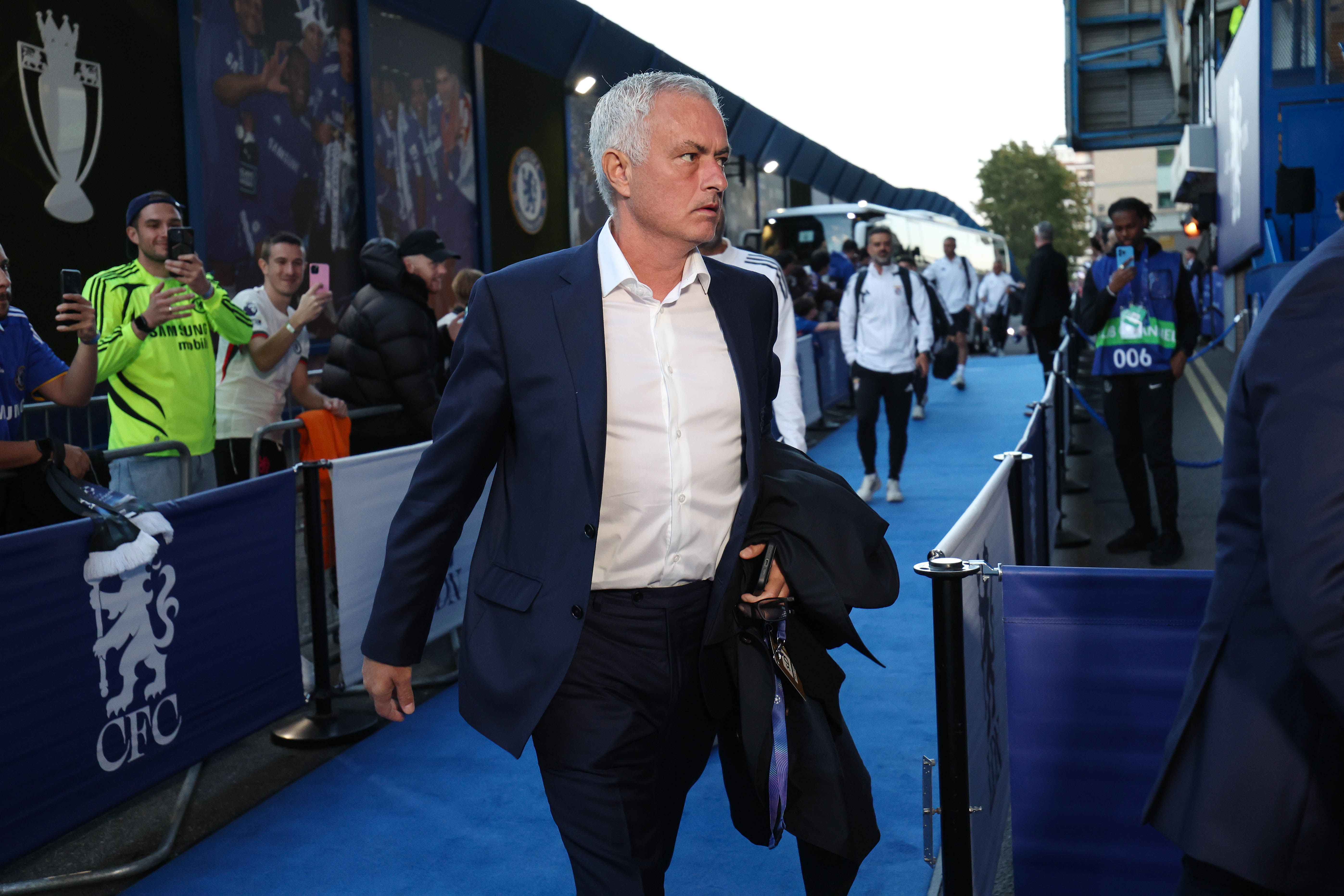 Jose Mourinho arrives ahead of the UEFA Champions League 2025/26 League Phase MD2 match between Chelsea FC and SL Benfica at Stamford Bridge on September 30, 2025 in London, England