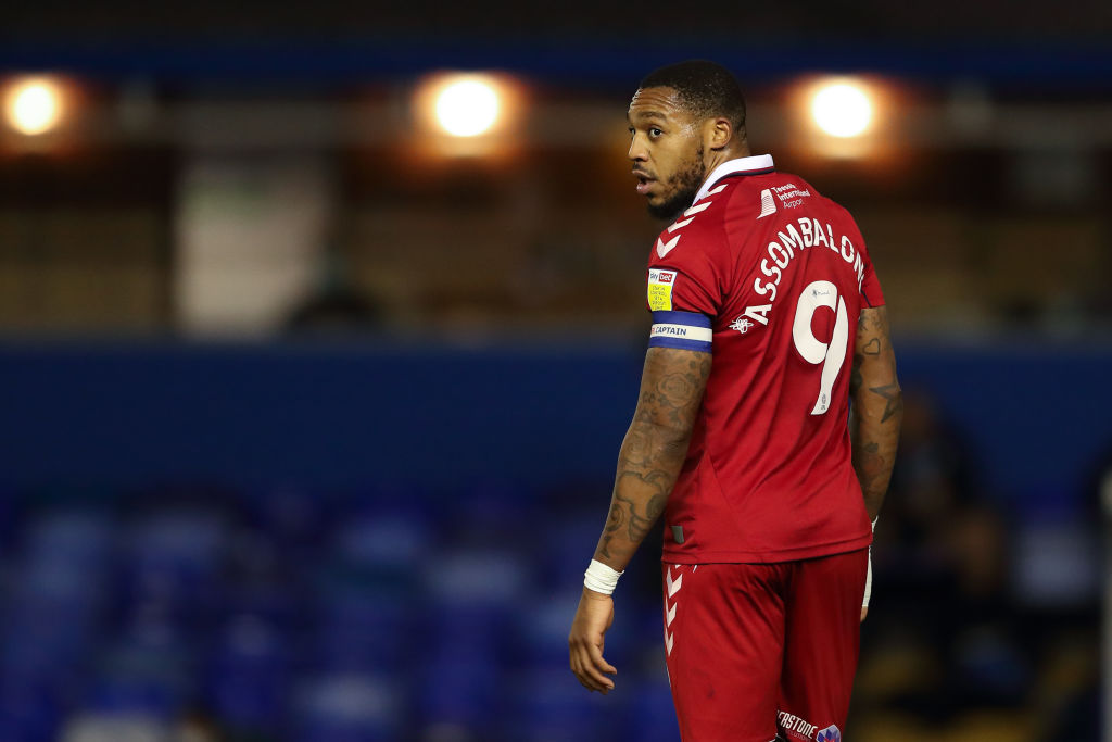 BIRMINGHAM, ENGLAND - DECEMBER 19: Britt Assombalonga of Middlesbrough during the Sky Bet Championship match between Birmingham City and Middlesbrough at St Andrew's Trillion Trophy Stadium on December 19, 2020 in Birmingham, England. The match will be played without fans, behind closed doors as a Covid-19 precaution. (Photo by James Williamson - AMA/Getty Images)