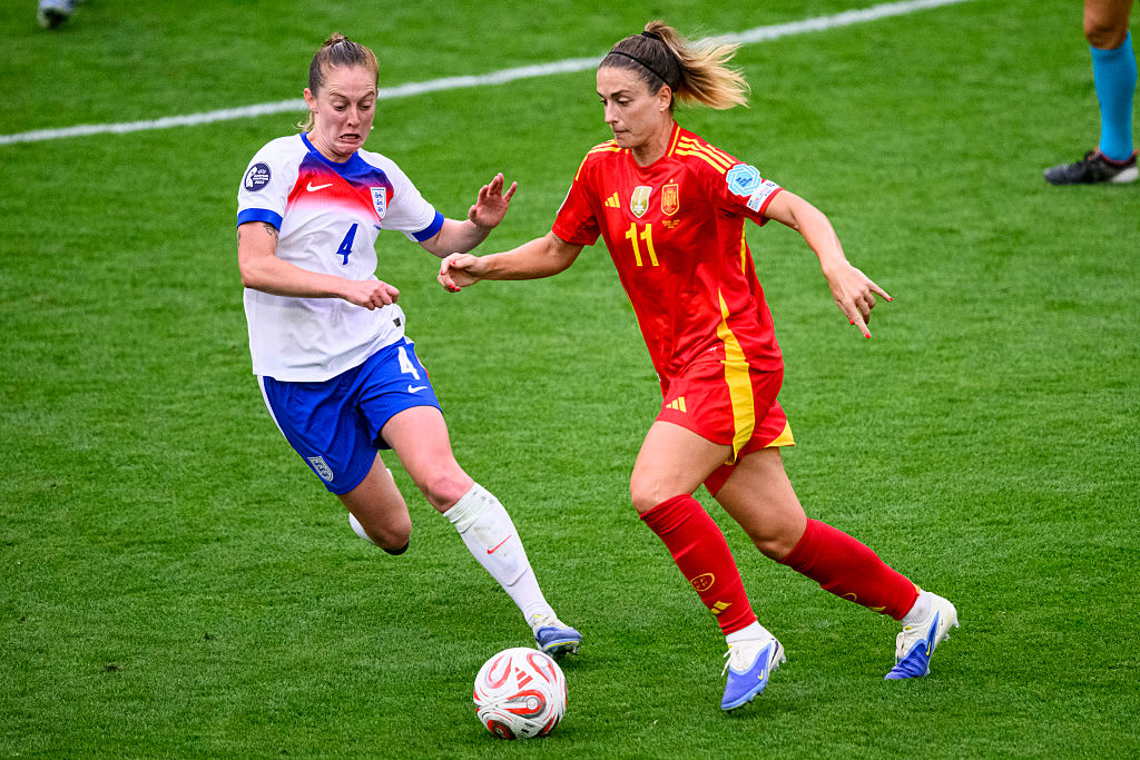 BASEL, SWITZERLAND - JULY 27: Alexia Putellas of Spain (R) plays against Keira Walsh of England (L) during the UEFA Women's EURO 2025 Final match between England and Spain at St. Jakob-Park on July 27, 2025 in Basel, Switzerland. (Photo by Marcio Machado/Eurasia Sport Images/Getty Images)