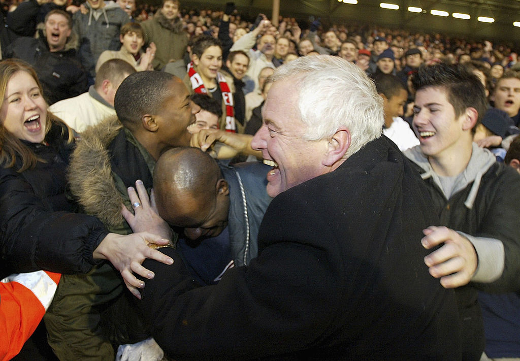 Leyton Orient chairman Barry Hearn celebrating a win alongside supporters after an FA Cup Third Round clash against Fulham