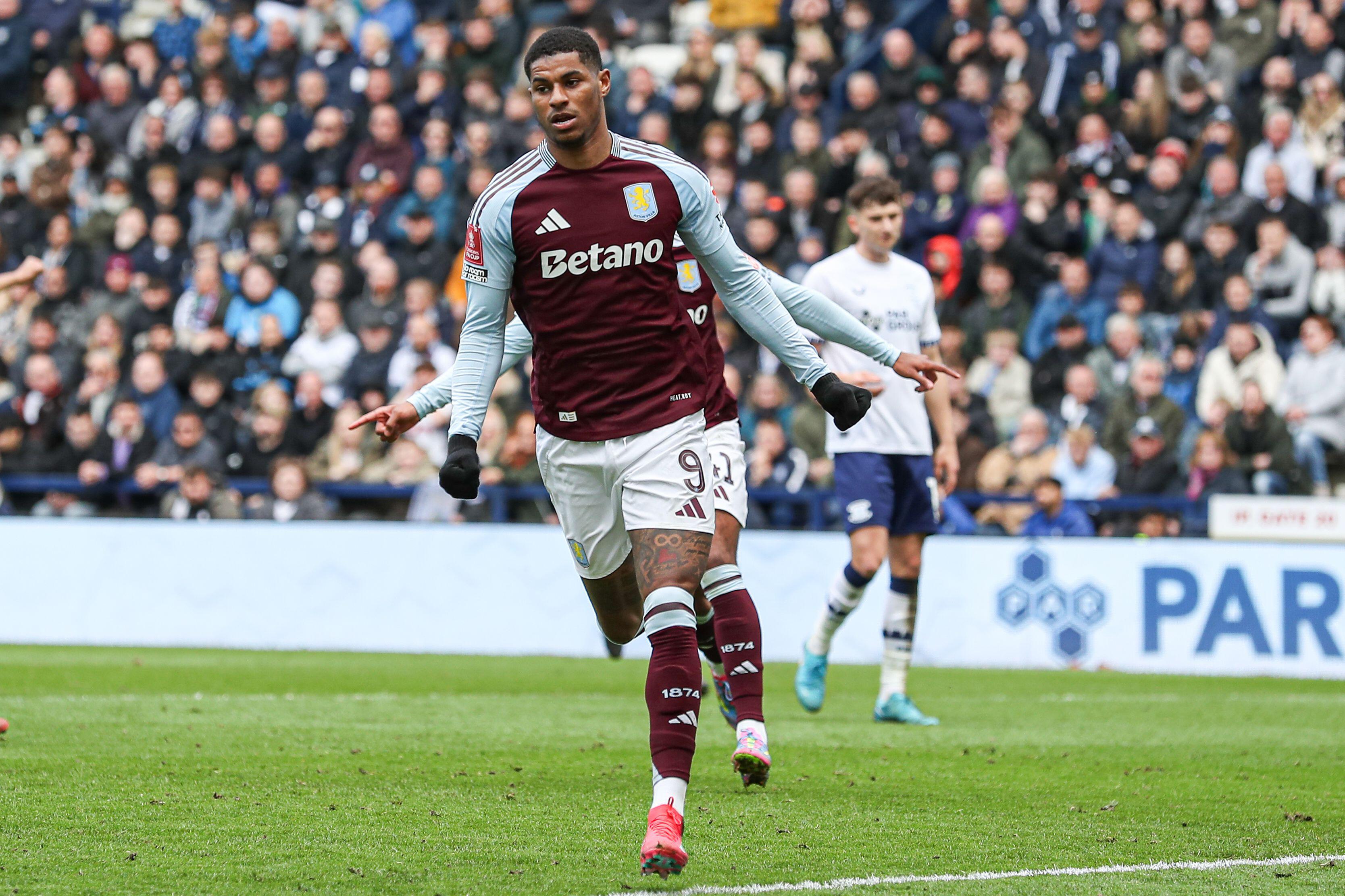 Marcus Rashford celebrates after scoring for Aston Villa during the FA Cup quarter-final against Preston North End, March 2025