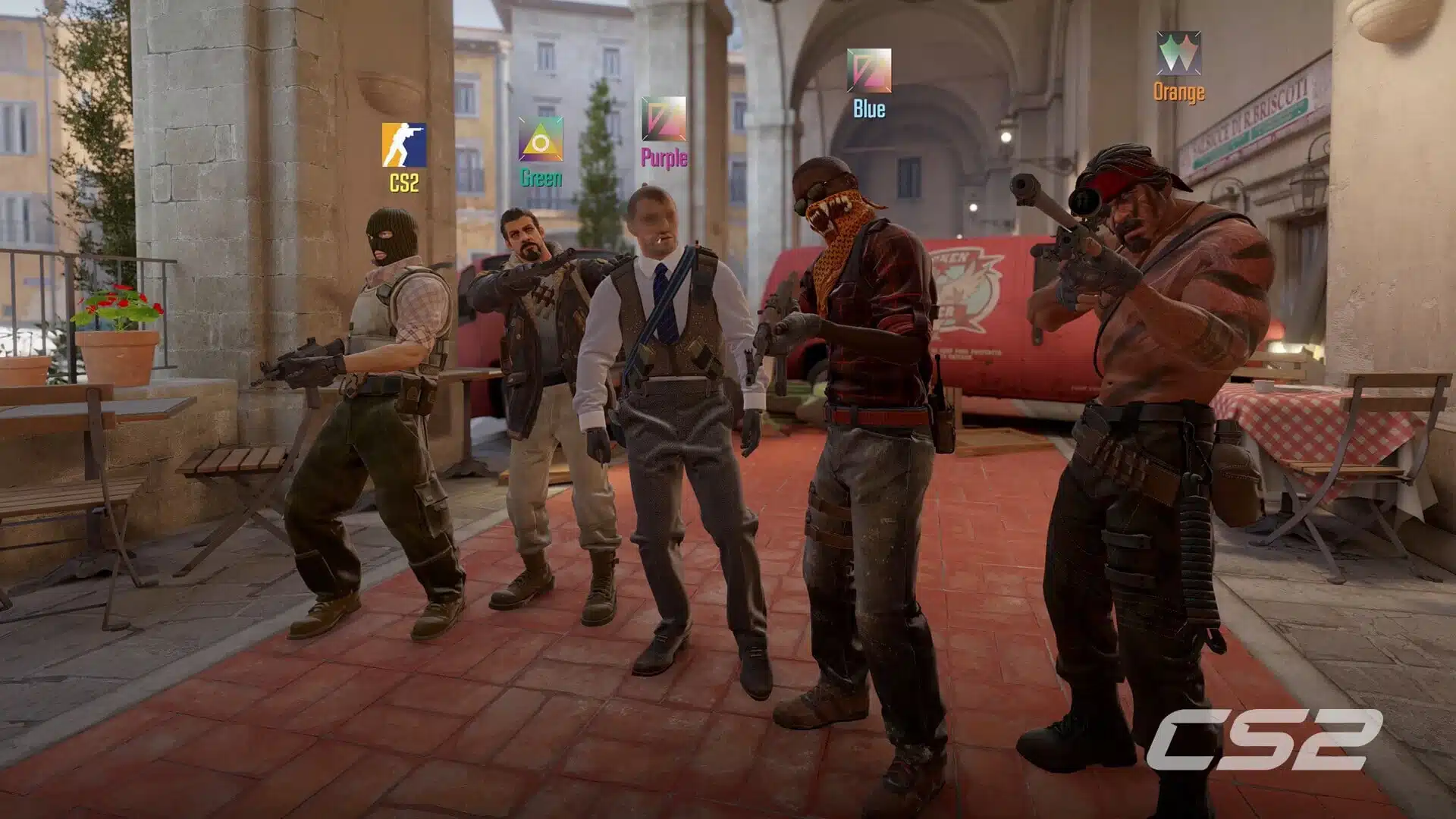 Five characters from Counter-Strike 2 standing in an outdoor urban setting with the CS2 logo in the corner.