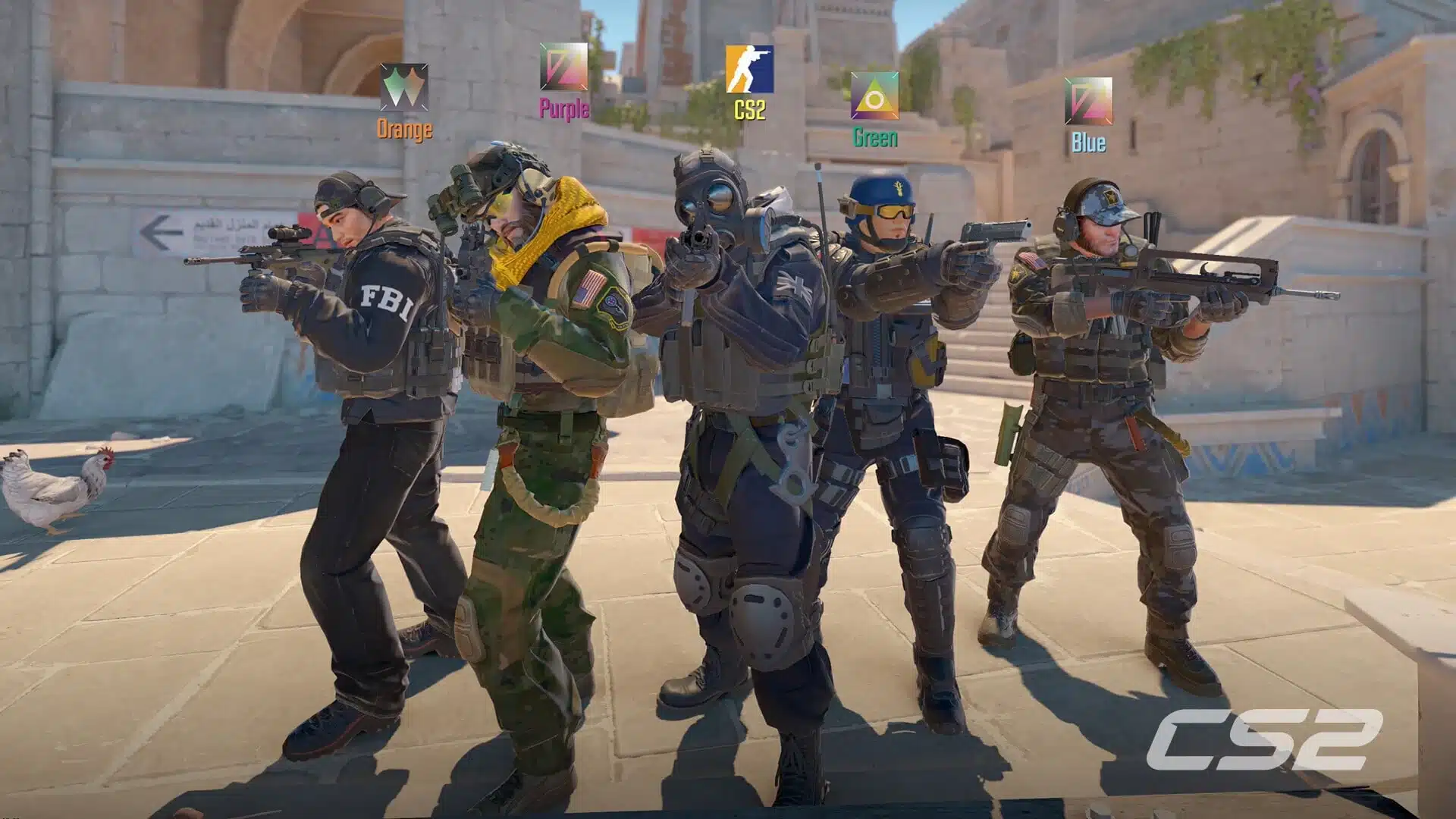 Several Counter-Strike 2 agents positioned outdoors in bright daylight.