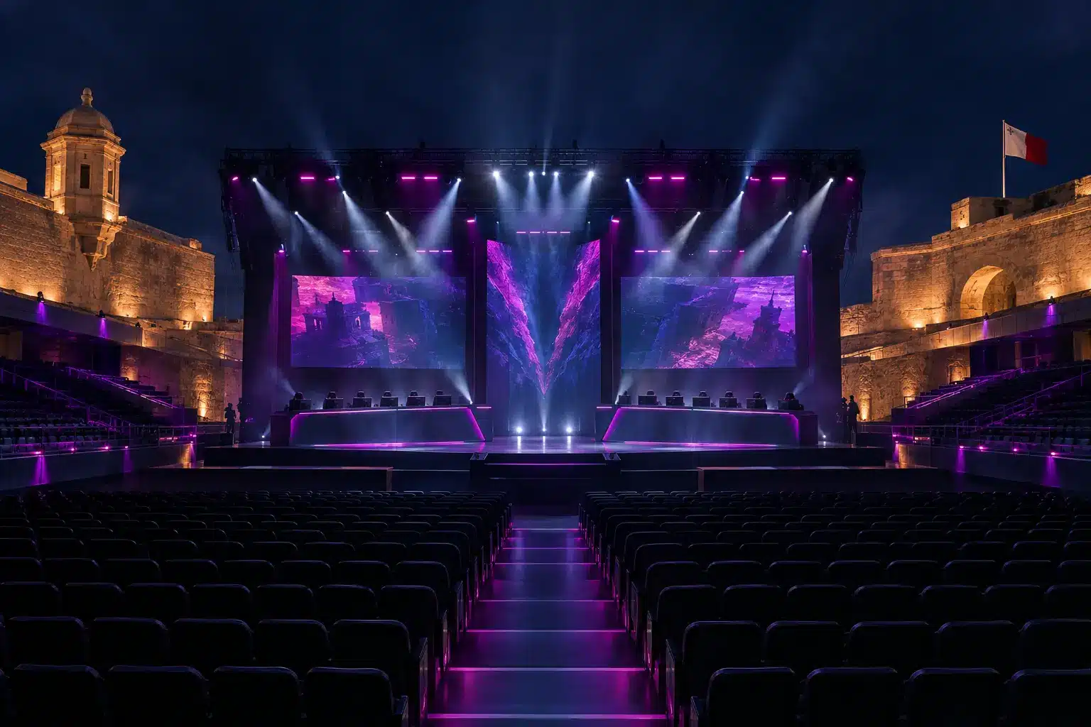 A dramatic CS2 esports tournament stage with violet lighting in a modern Malta arena