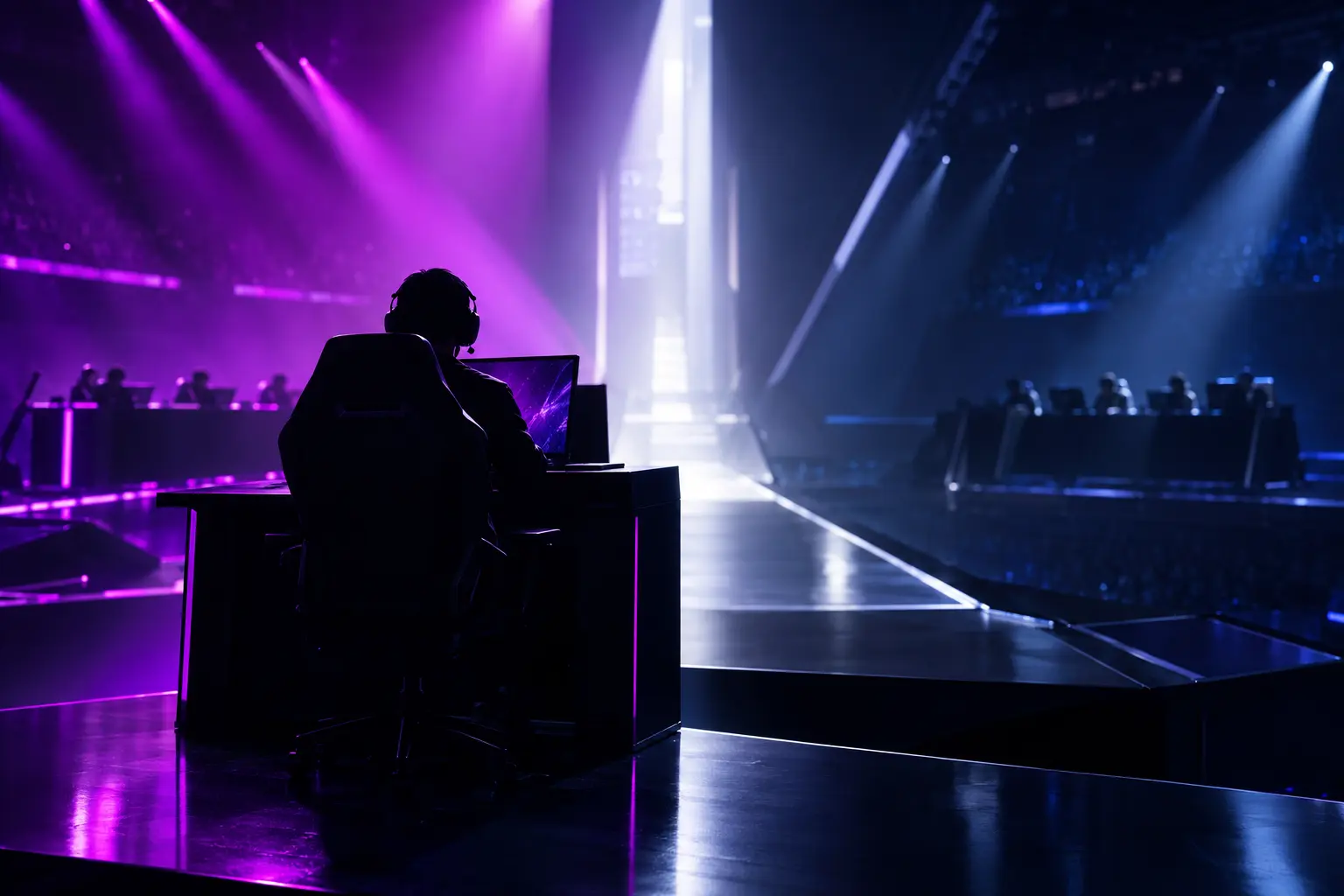 Esports arena stage illustrating contrasting Shanghai quarter-final victories for G2 and Vitality