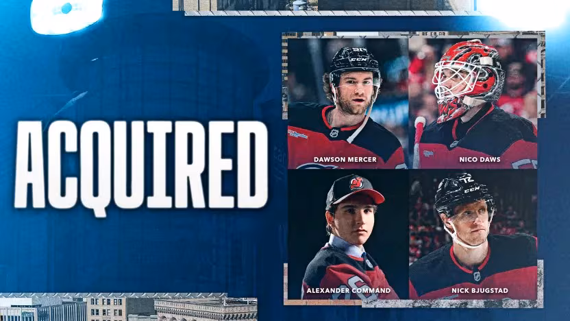 A photo shows four smaller images of hockey players with the word