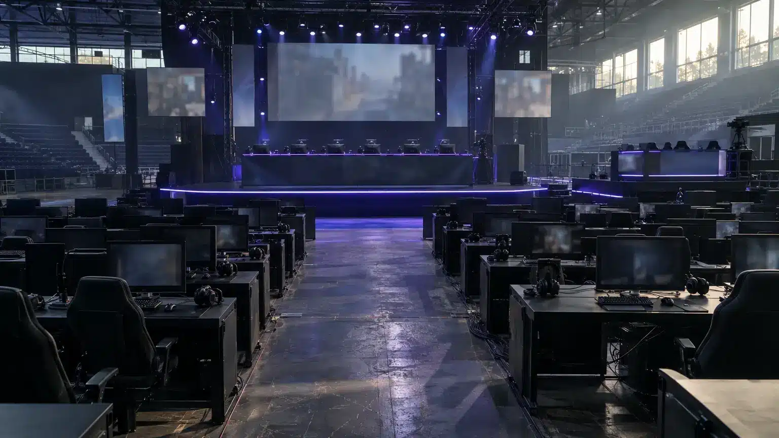 Empty esports tournament venue with unbranded player stations and a central stage