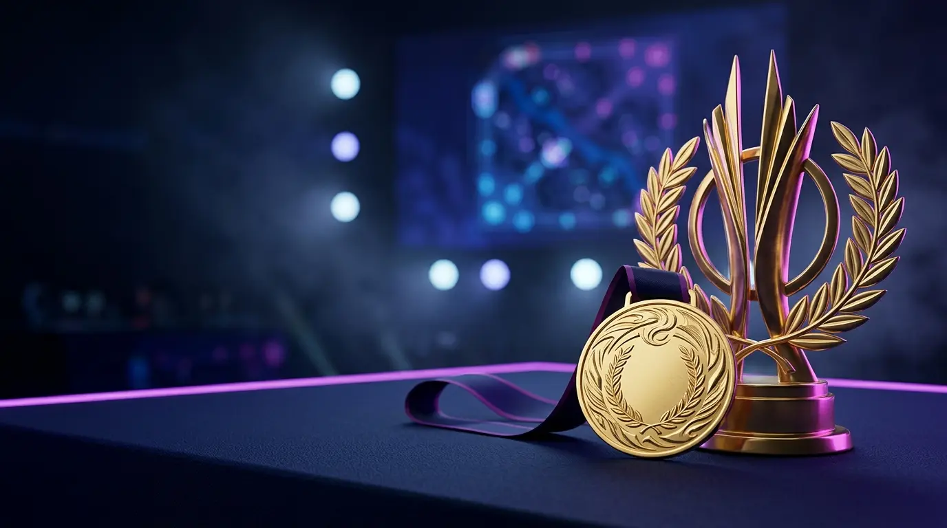 Gold esports medal on a championship stage representing South Korea’s five-medal Asian Games haul